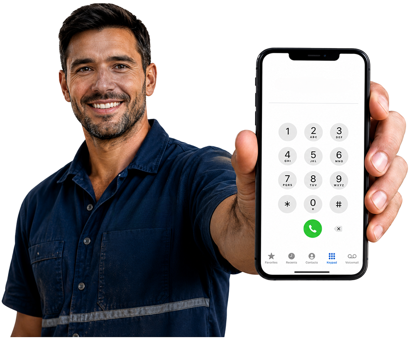 Merrylands Blocked Drains plumber holding a phone — call 1300 261 965