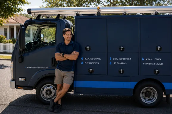 Plumber standing beside a service van in Merrylands