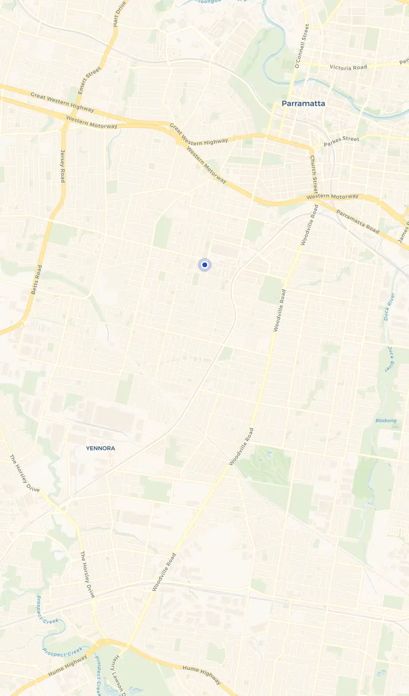Map of the Merrylands service area and the surrounding suburbs we cover.