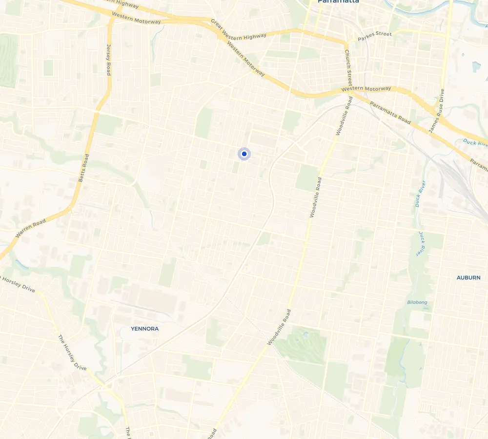 Map of the Merrylands service area and the surrounding Cumberland area, showing Merrylands and the nearby streets we cover.