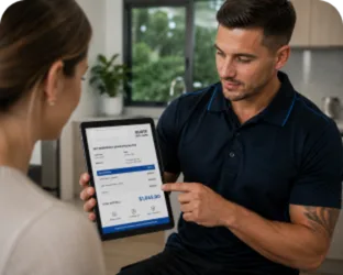 Plumber showing a Merrylands customer the quote on a tablet