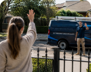 Customer waving goodbye to a Merrylands Blocked Drains plumber